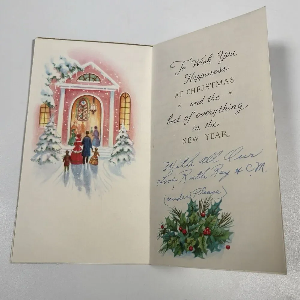 Vintage Glitter Christmas Card Church Famous Artists Studios w/ Letter Envelope